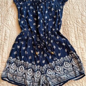 Bebop Navy and White Floral Smocked Romper